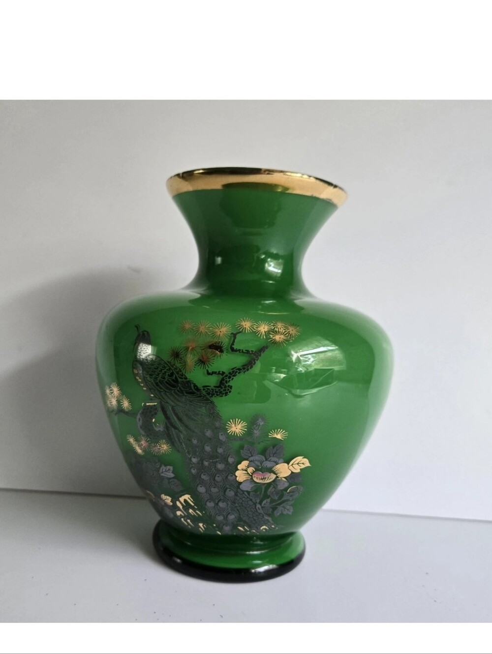 Green Cased White Glass Vase Gold Trim Gold Peacock Vintage
